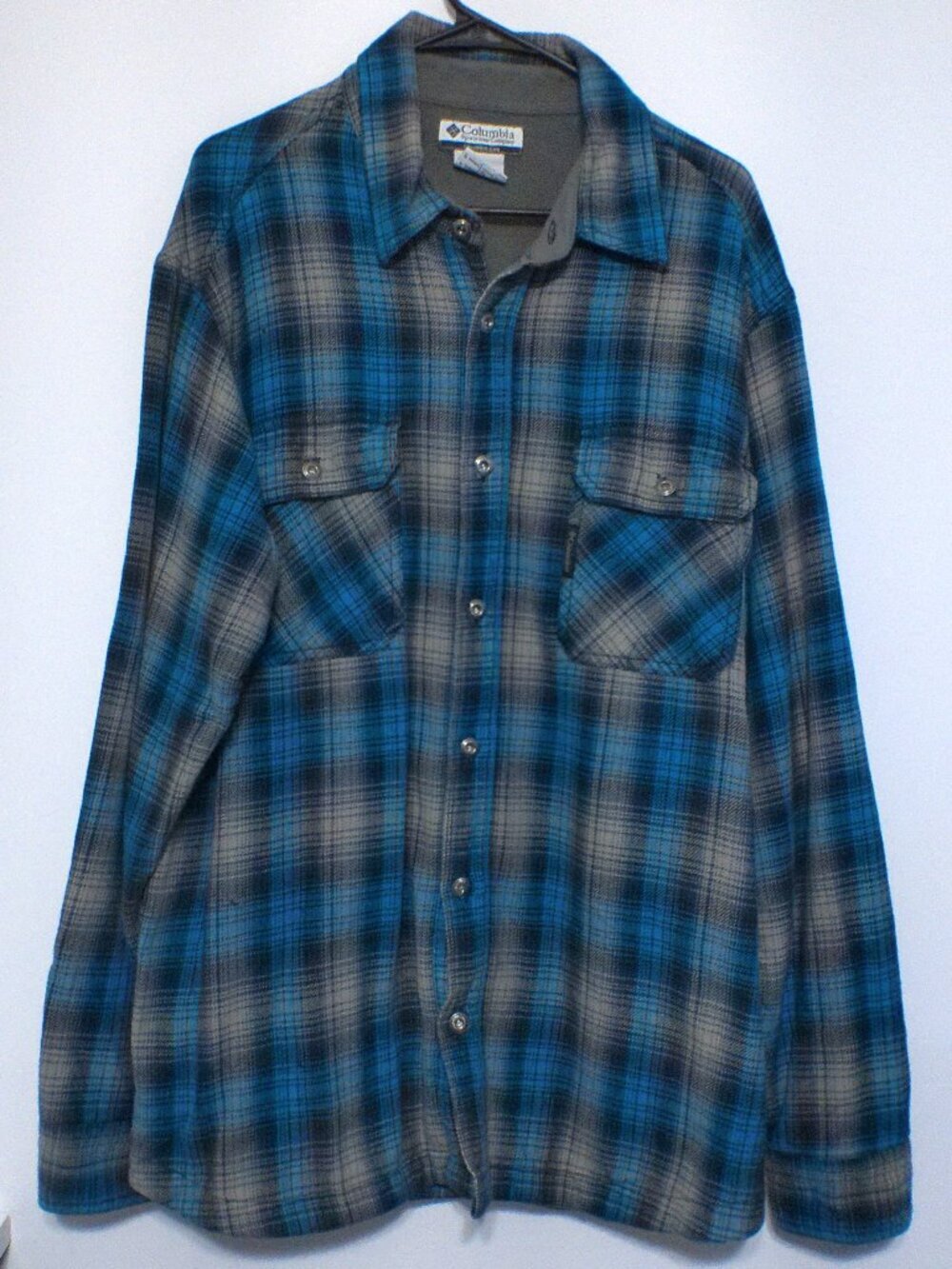 Columbia Flannel Shirt Jacket Men’s Large Blue Plaid Fleece Lined 100% Cotton
